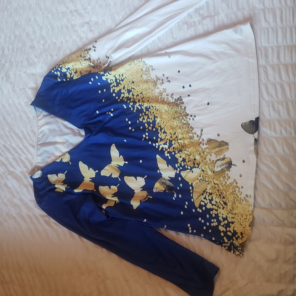 Blue and Gold Butterfly Print Long Sleeve Top